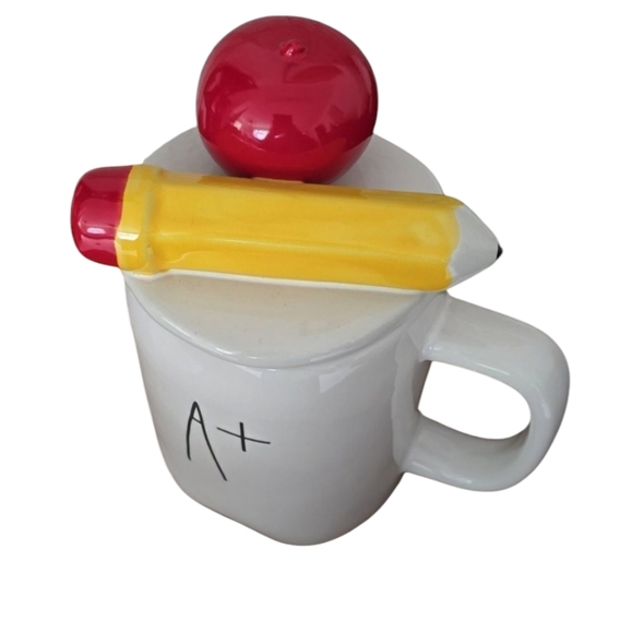 Rae Dunn A+ TEACHER MUG WITH TOPPER Apple Pencil School Teacher Gift NWT - Picture 2 of 8